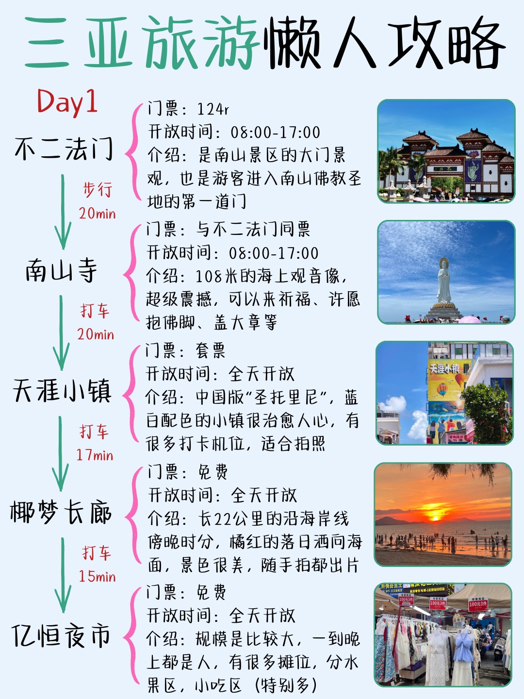 05女大连夜赶完的三亚四日游懒人攻略，亲测舒适不费脚版，近期准备来三亚旅游的姐妹，记得提前揣好哦！ - 四天三夜行程 第一天：南山文化旅游区→天涯镇→椰梦长廊 第二天：西岛一日游 第三天：大东海→小东海→半山半岛帆船港→鹿回头风景区  第四天：亚龙湾森林公园一日游→太阳湾公路 - 三亚住宿 主要分为三亚湾、大东海、亚龙湾、海棠湾四大湾区  三亚湾/大东海：离市区和机场近，有浓郁的生活氛围，吃喝玩乐...