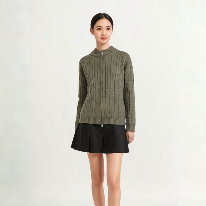 复古麻花 + 拉链设计！F.TOBO 针织开衫立领外套