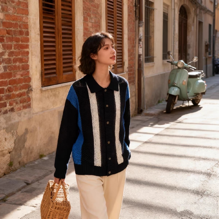 美式复古条纹撞色翻领针织开衫!