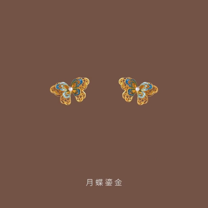 月蝶鎏金|复古彩色珐琅蝴蝶耳钉高级感新中式气质百搭精致耳饰