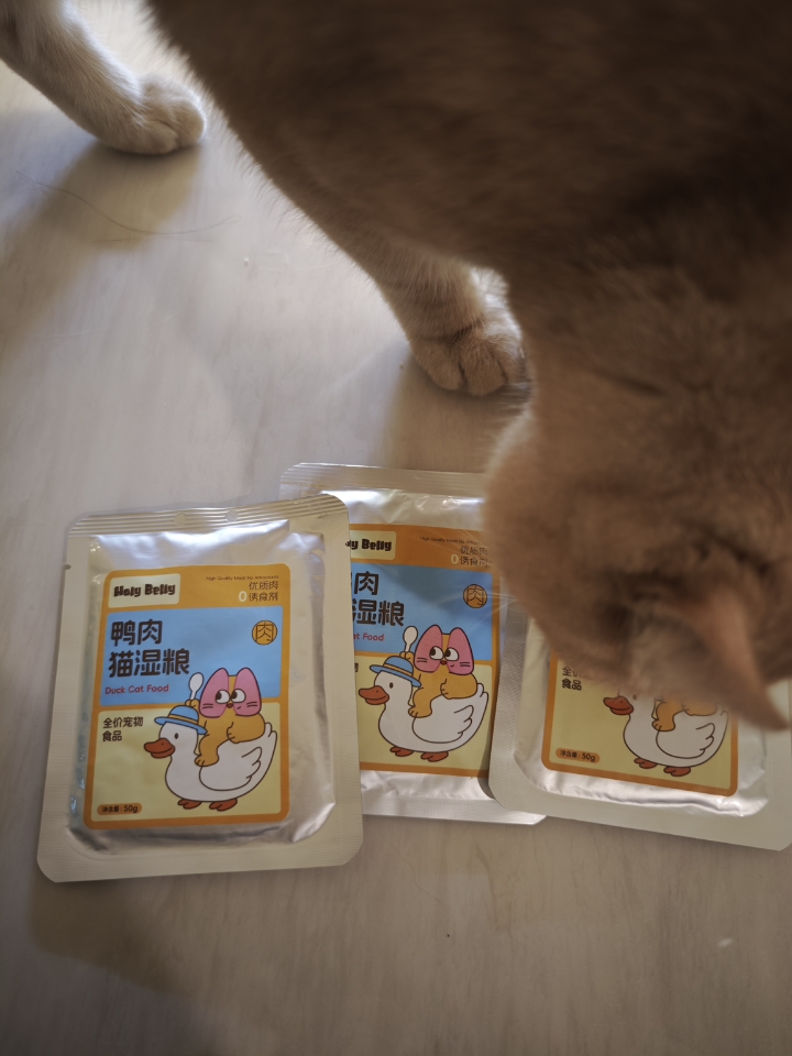Holy Belly鸭肉鲜湿粮也太对小猫咪胃口啦🐱 肉质软软嫩嫩，闻着就超香，没有乱七八糟添加剂～ 我家奶茶闻着味儿就跑过来，大口干饭超满足😋 鸭肉还能清热降火，吃完不软便、泪痕也轻了不少 小袋分装干净又方便，每次一袋刚刚好 适口性绝绝子，挑食怪都光盘，真心推荐✨