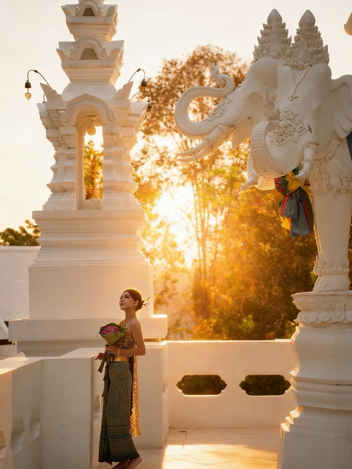 ChiangMai · 金属城堡，兰纳风格的白色秘境｜ 📍藏在清迈杭东山区的金属城堡（Loha Prasat Mueang Pong），是一座真正的兰纳风格金属建筑。通体银白，塔尖如剑，在蓝天和阳光下闪闪发光，安静又神圣。 · 这里游客很少，没有团客喧嚣。山顶视野极佳，可以俯瞰山谷、田园和远处的群山。清晨有薄雾，傍晚有日落，每一刻都像画。  · 一定要穿传统服饰来拍照！ 我在这里换上了泰式传统服装...