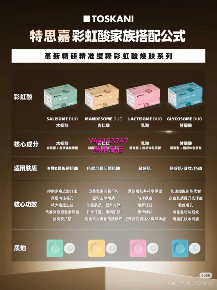 特思嘉彩虹酸家族｜院线科学护肤怎么搭配？ 西班牙特思嘉（TOSKANI）彩虹酸焕肤系列，以DUO-SOMAL TECH 双体传输技术为核心，采用游离酸 + 脂质体酸的协同配方，实现了温和性与功效性的平衡，无需恢复期，无传统酸类的刺激与脱皮困扰，适配全肤质人群。  ✨ 核心技术优势 双体靶向缓释：脂质体包裹技术让活性成分精准、长效释放，提升皮肤耐受度 温和高效双在线：避免了传统焕肤的灼热与泛红，全程...