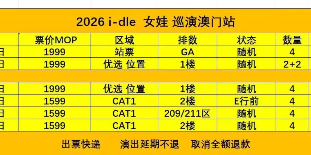idle澳门演唱会 29号 1999站 蔡徐坤澳門 現票今天发  8月2日 $1288x2 227區A行x2@4800  8月3日  $2388x2 106 6排@4800 $2388x2 105 5排@4800 $1788x2 210區A行@4200 $1788x2 226區C行@4000 $1288x2 228區A行@3800