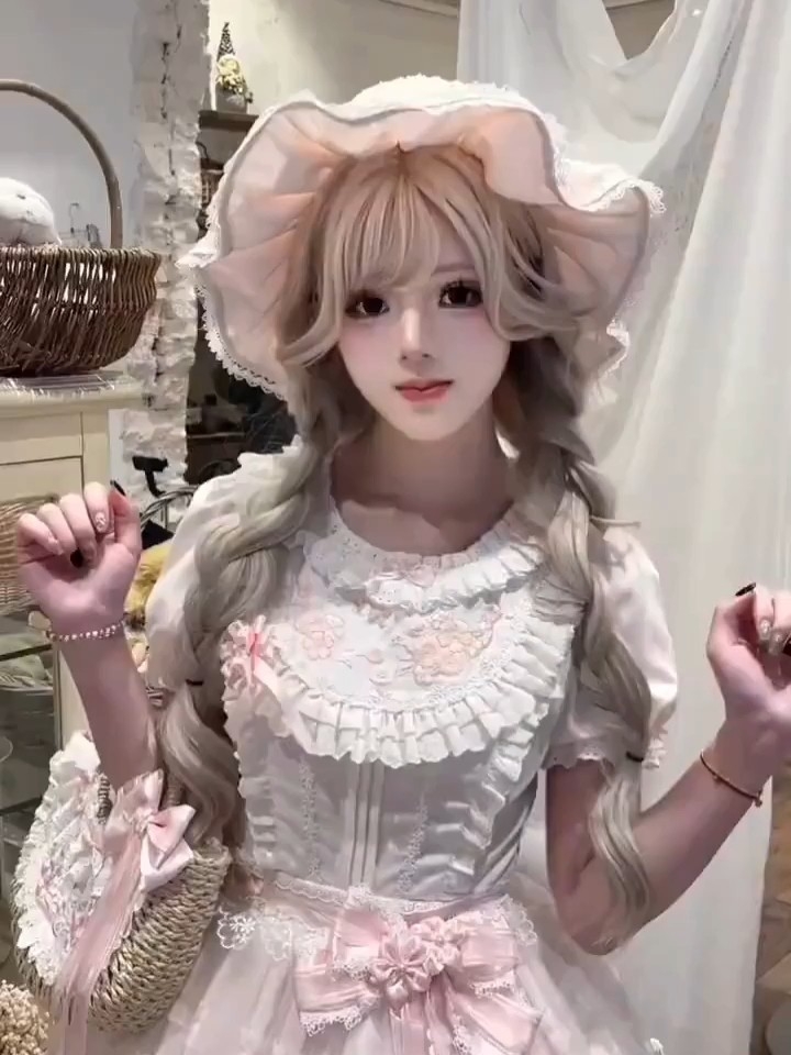 好适合春天的一条粉色裙子，这个帽子搭配简直不要太乖了，而且这种长裙设计就很温柔